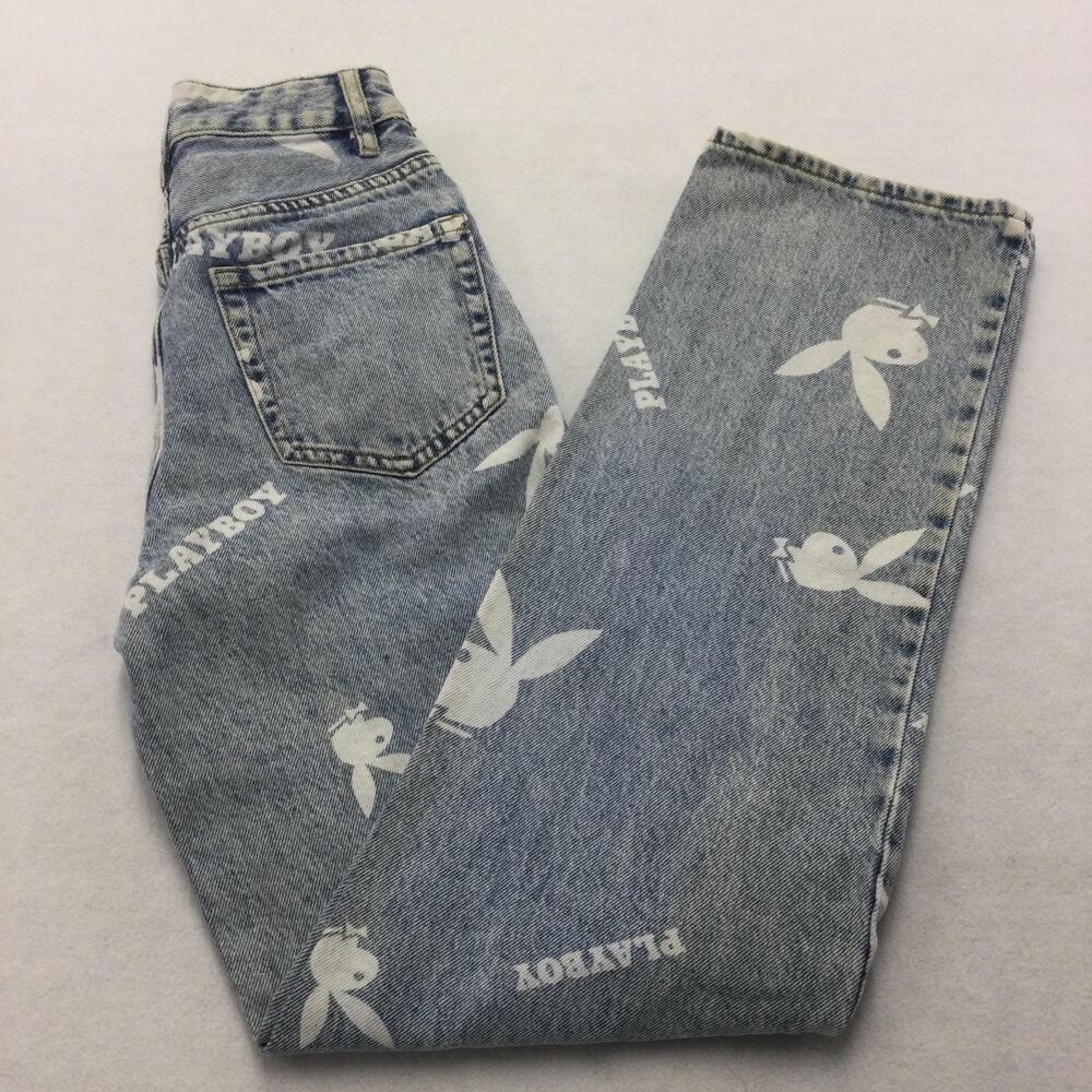 Playboy Jeans Womens 23 Blue Light Wash High Rise Straight Allover Bunny Logo